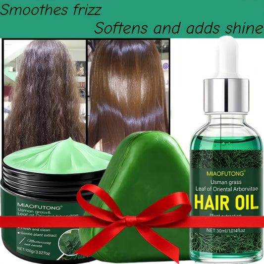 Three Piece Hair Care Combination Set-Usman Herbal Shampoo Bar + Usman Herbal Essence + Usman Herbal Hair Mask Care Set, Deeply Cleanses, Cleans Hair And Scalp, Suitable For Oily Hair Shampoo, Usman Herbal, Can Nourish Hair And Protect Hair Quality
