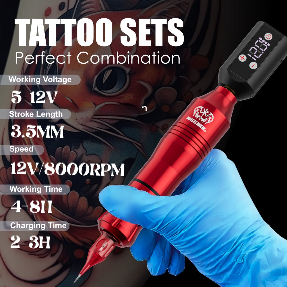 Neebol Wireless Tattoo Machine Kit Complete, Tattoo Pen With Screen Display, Tattoo Gun, 6 Hours Battery Life, Practice Skin, 10 Red Cartridge Needles, 7 Inks, Tattoo Supply Equipment For Beginners And Tattoo Artists, Makeup Body Art Easter Gifts