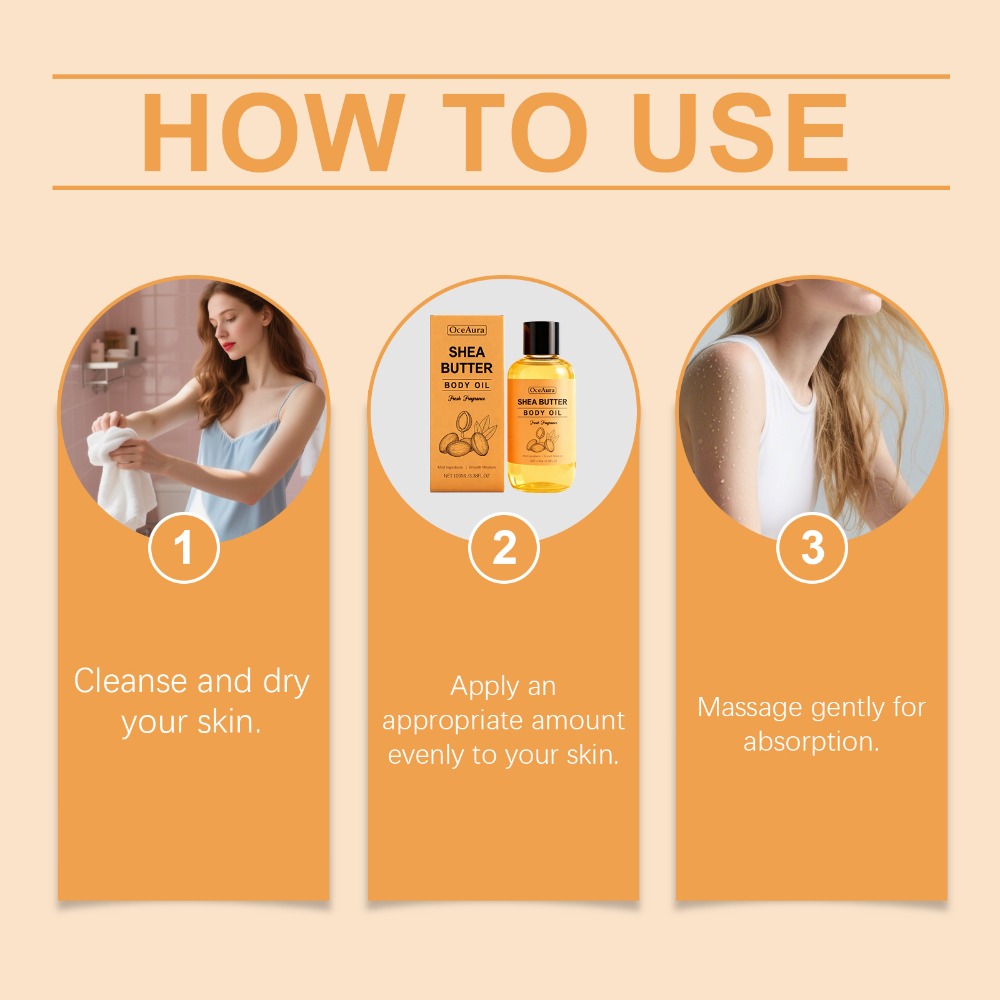 2pcs Oceaura Shea Butter Body Oil. This Oil Is Gentle And Moisturizing, Suitable for The Entire Body. It Has a Light Texture And Is Easily Absorbed. The Body Oil Has a Mild Cleansing Formula, with Thick And Creamy Foam That Is Not Tight. It Is Sui