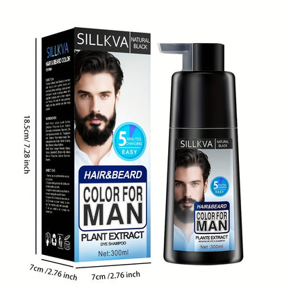 Hair & Beard Dye Shampoo for Men 3-in-1 Black — 8-Minute Gray Coverage, Ammonia-Free, Long-Lasting Natural Color, Quick & Easy Application, 10 oz, 1 & 2 Pack Options