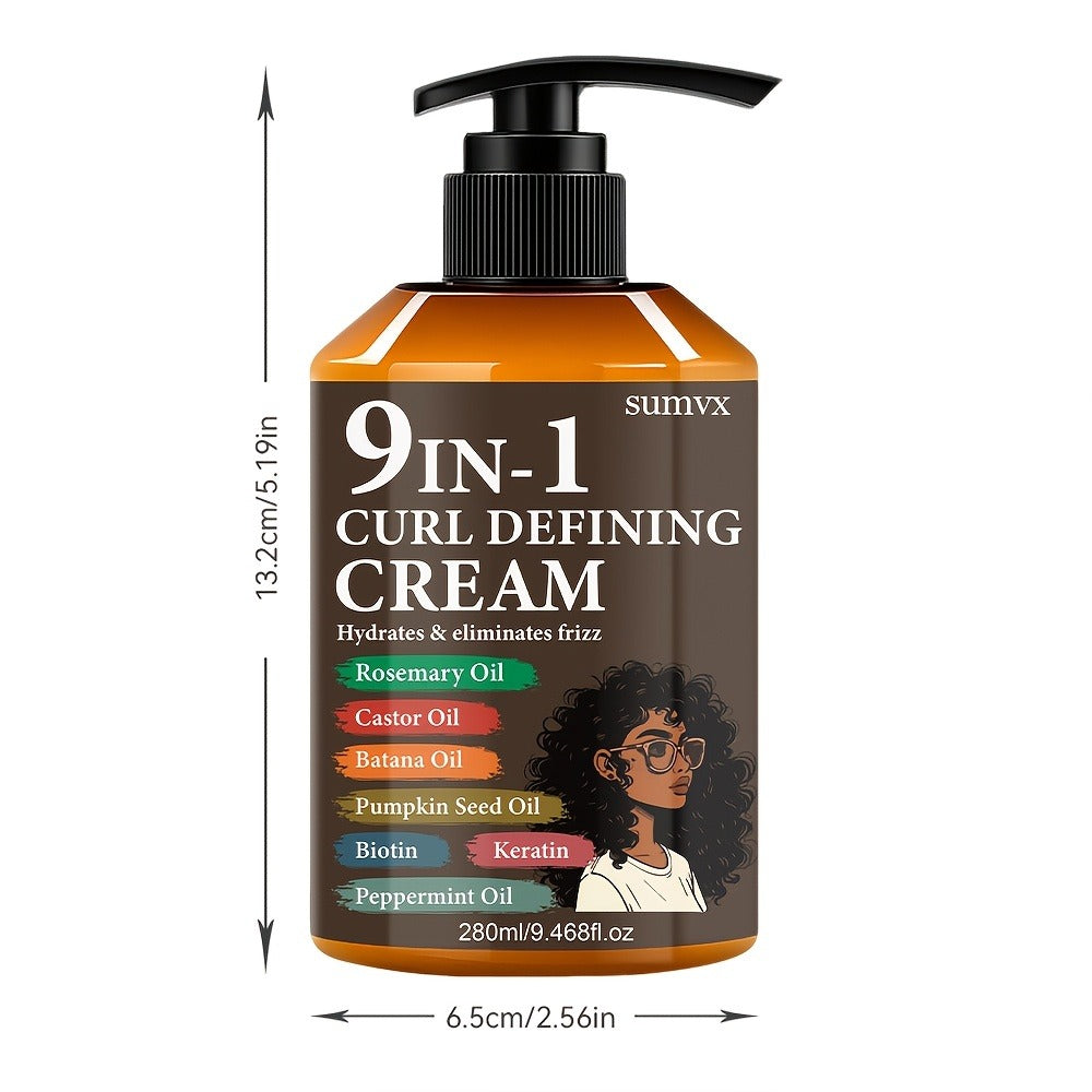 Curl Defining Cream 9-in-1 9.468 fl oz Moisturizing Long-Lasting Hold Frizz Control Non-Greasy Wavy Curly Normal Hair Unisex Multi-Benefit Styling Cream for Defined Bouncy Healthy-Looking Curls