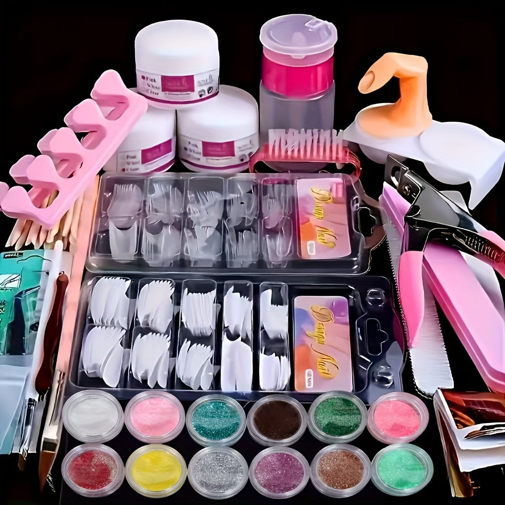 23-in-1 Professional Acrylic Nail Kit Complete with 12 Glitter Colors, White & /Pink Powder - DIY Nail Extensions for Beginners & Pros, Full Nail Set (No Glue/Liquid) - - Manicure System for Women