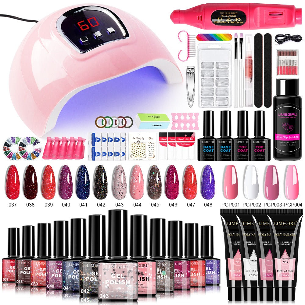 New Year 12 Colors Gel Nail Polish Kit with Nail Lamp Electric Nail Drill, 4 Colors Poly Extension Gel Nail, Nail Cutter, Nail Glitter, Top Coat Base Coat, Nail Art Design Gel Kit Valentine's Day Gift