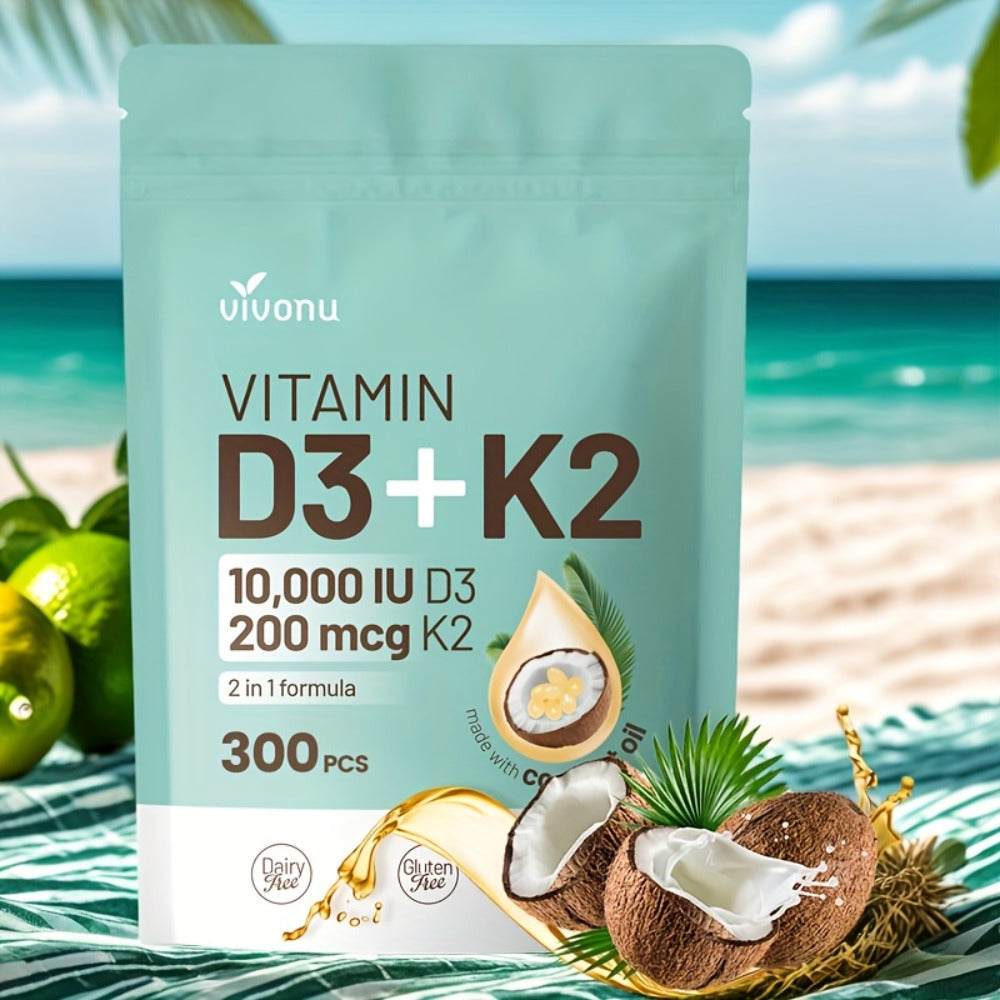 [2-In-1 Vitamin D & K] Vitamin D3 And K2 Coconut Oil Softgels, 2-In-1 Vitamin D And K, Premium Formula, Creates A Safe Environment, 300 Softgels, Easy To Swallow