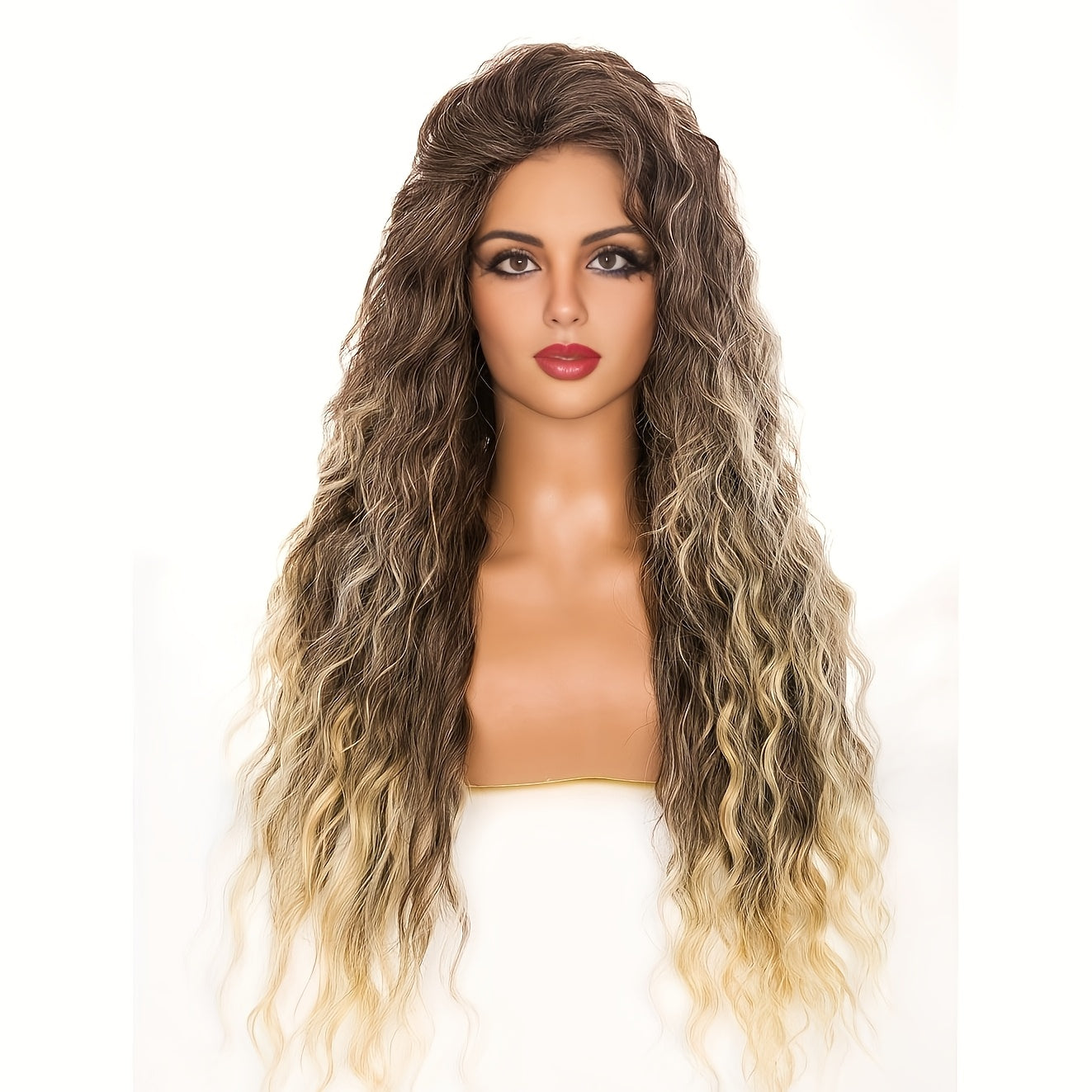 Ombre Ash Blonde Brown Curly Wig Long Wavy Middle Part Natural Looking Dark Roots Synthetic Wigs for Women 80s Halloween Carnival Party Wig Costume Party Or Daily Use 28 Inches