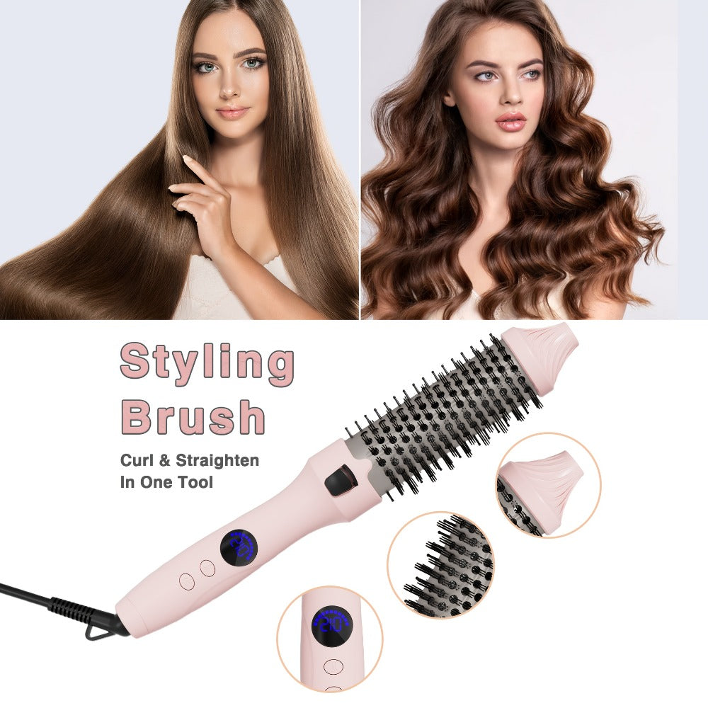 Thermal Air Brush, Straight & Curling 2-in-1 Blowout & Natural Curls, Negative Ion Tech for Frizz-Free, Temp Control & Lightweight for Travel/Gift