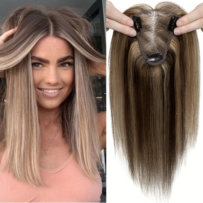 Hair Topper Human Hair Clip In Lace Base 8x10cm — Curtain Bangs, Thinning Hair Coverage, Highlight Blonde #27 #613 #12P613 #4P27, 6–14 Inch Women's Hairpiece