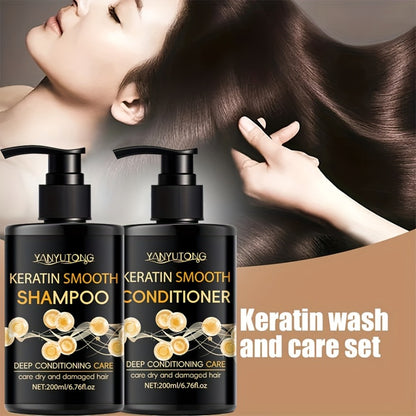 Keratin Shampoo & Conditioner Hair Care Set Moisturizes Scalp Repairs Breakage Splits for Color-Treated Heat Damaged Hair All Hair Types 200ml Each
