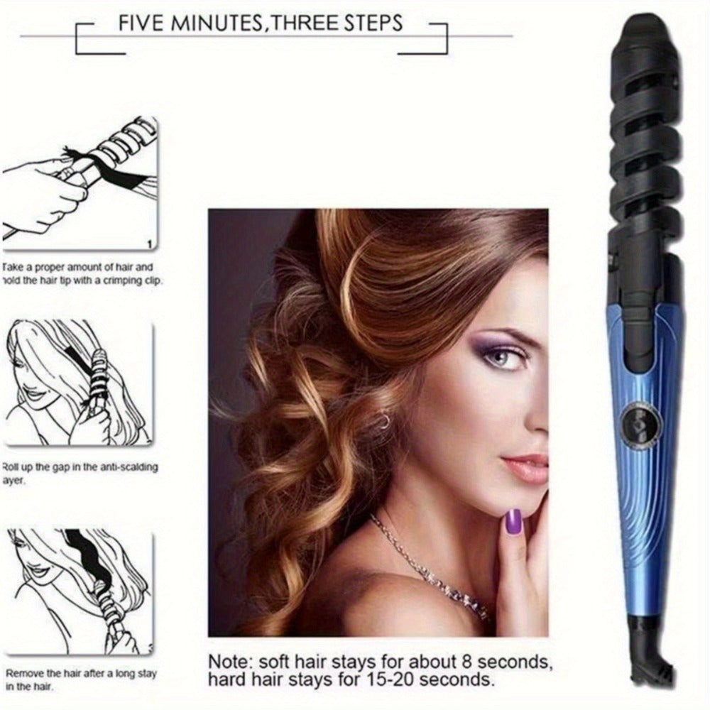 Automatic Spiral Curling Iron Ceramic Anti-Tangle – Professional Auto Curler Easy Operate Hair Styling Tool with Comb & 2 Hair Clips – Blue, Pink