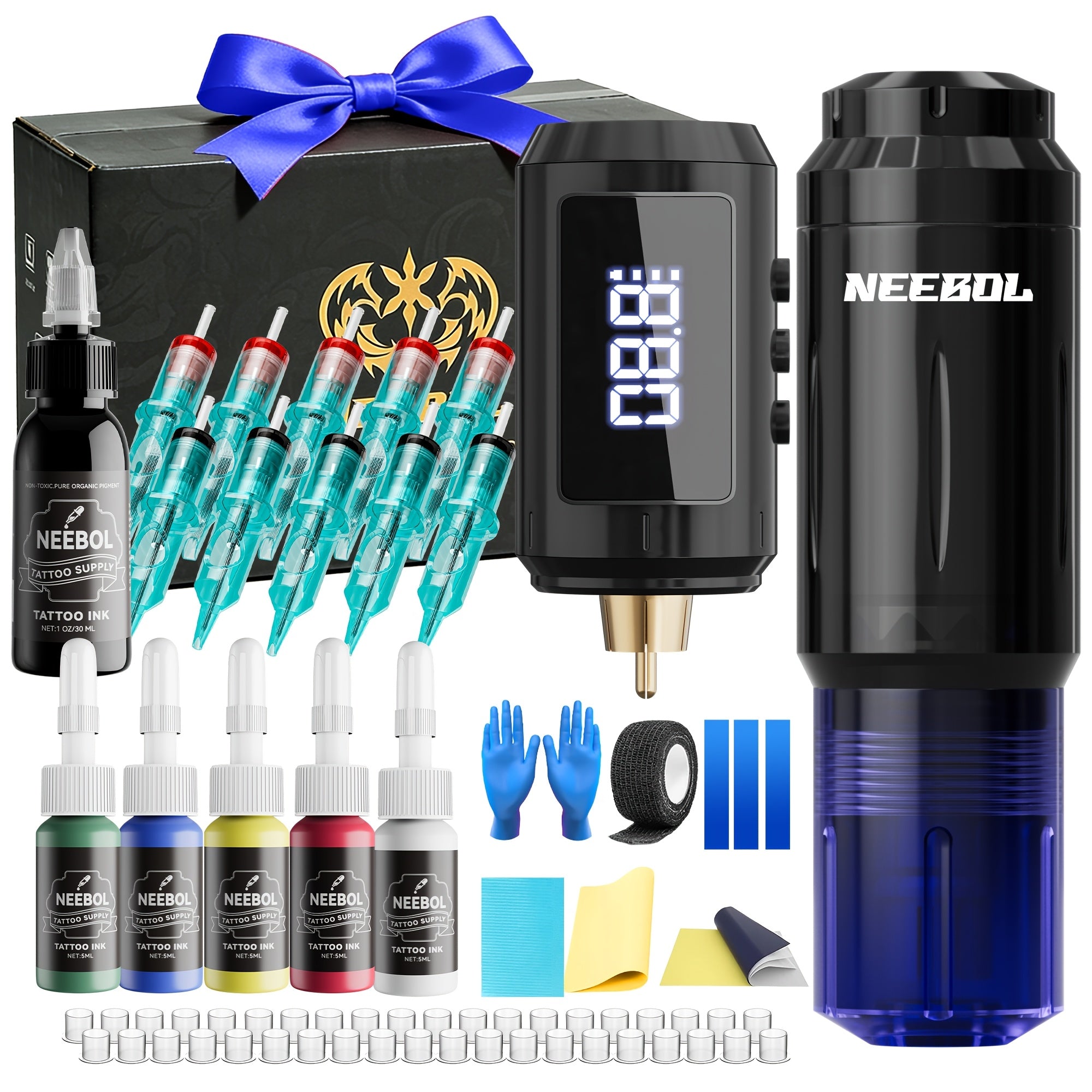 Neebol Tattoo Gun Kit Complete Set, Portable Design, Cordless Tattoo Pen, 1600mAH Battery, Wireless Machine, 20 Red Cartridge Needles, 8 Inks, Extra White Soap, Tattoo Supplies For Beginners & Artists, Body Art Makeup, Easter Gift