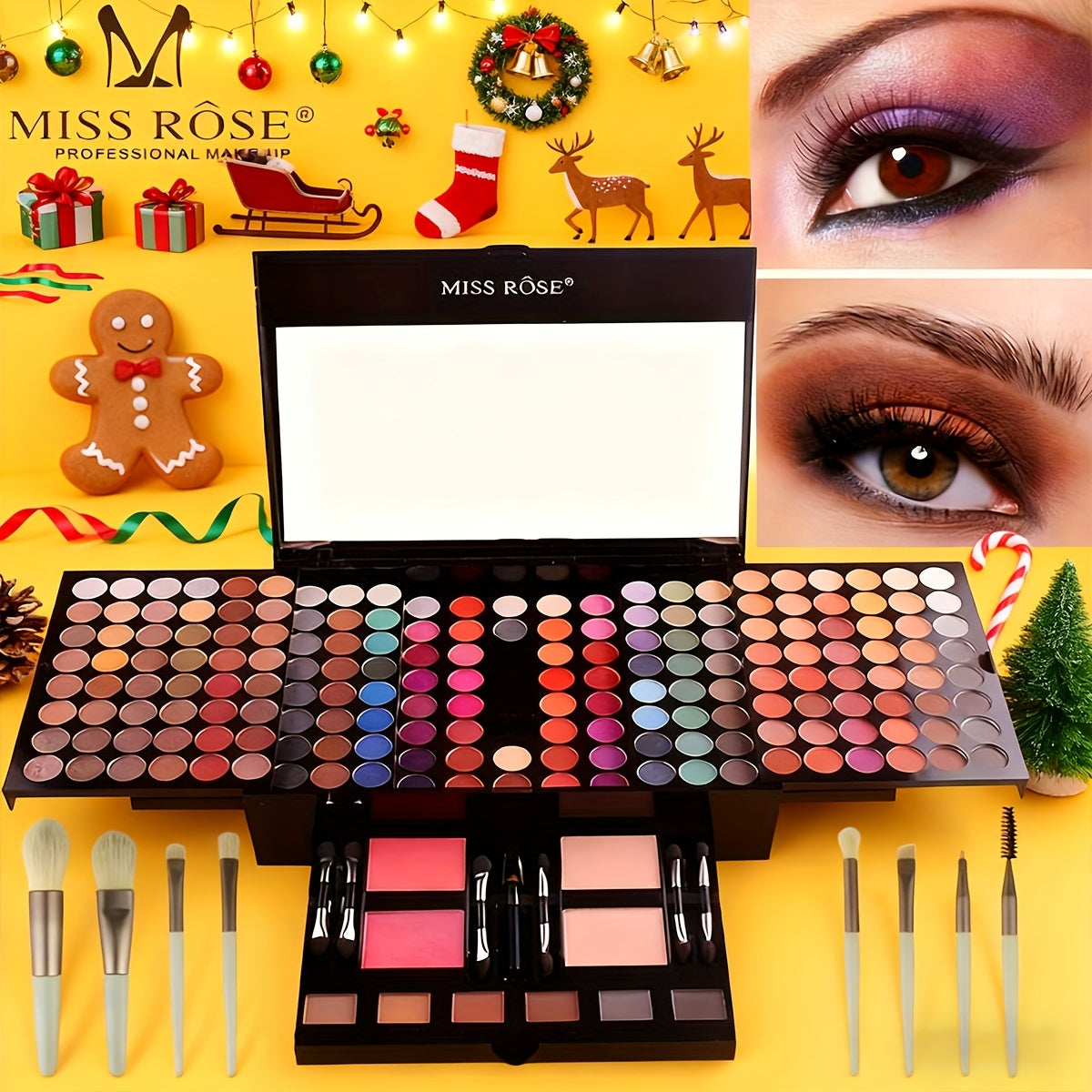 Makeup Palette Kit 190 Colors by MISS ROSE – 4-in-1 Full Face Set with Eyeshadow, Blush, Powder & Eyebrow, 8 Brushes & Mirror, Professional Makeup Kit for Women, Girls & Beginners
