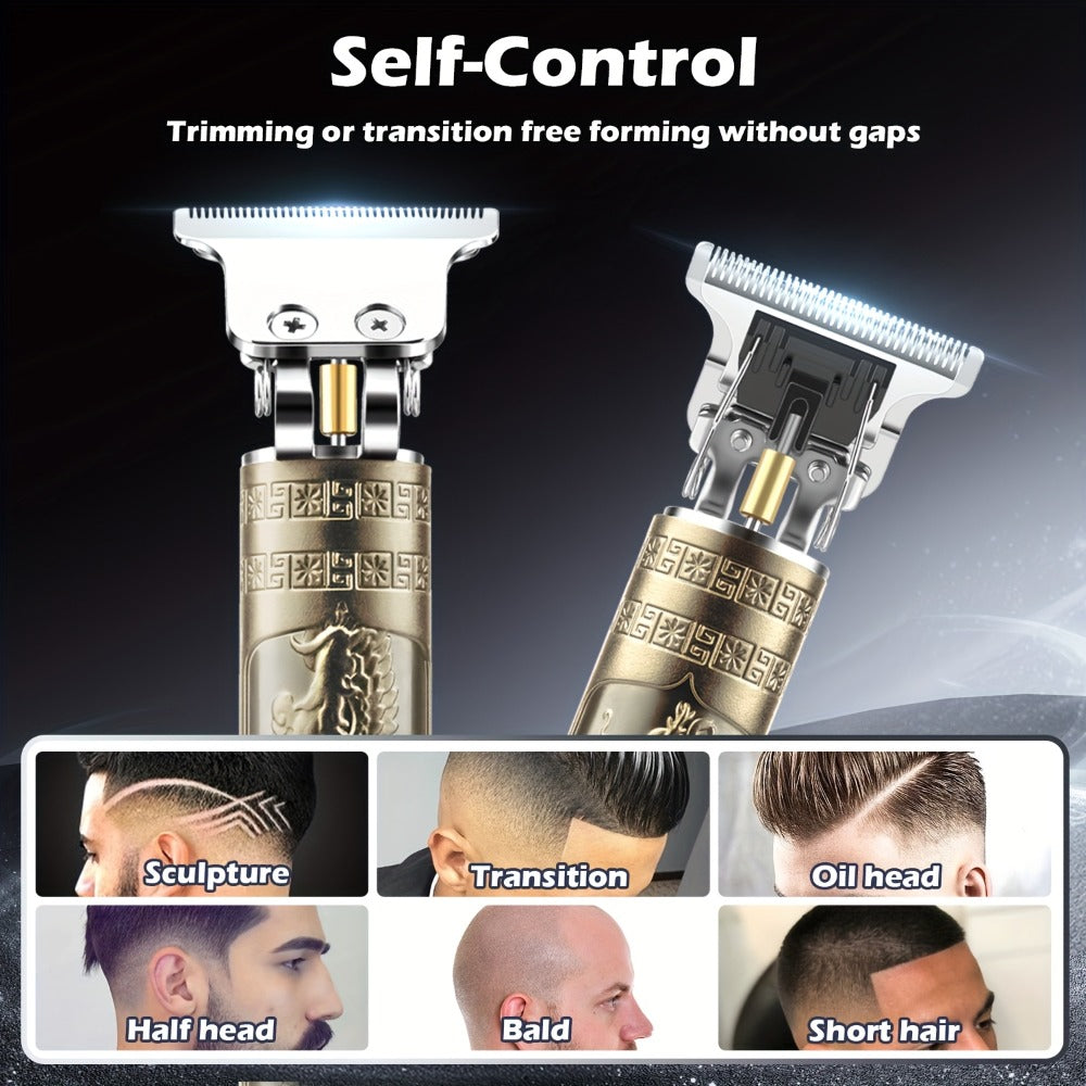 Electric Hair Trimmer for Men - Retro T-Blade Clipper, USB Rechargeable 1000mAh, 4 Guide Combs, 240-Min Runtime, Dragon & Buddha Designs, Black Bronze Blue Purple