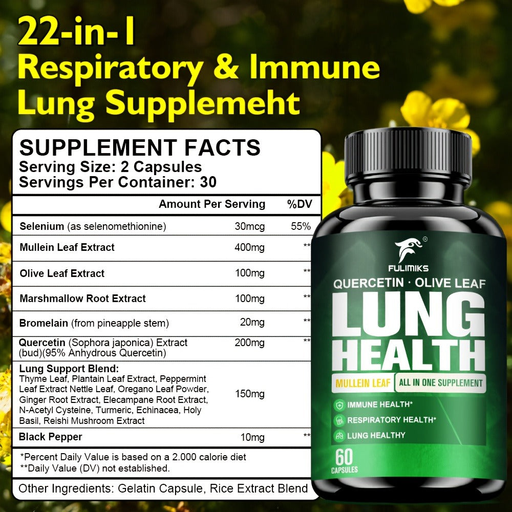 Lung Health Supplement Capsules, with Mullein Leaf, Olive Leaf Extract, for Respiratory & Lung Health, Immune Support, Day & Night Use, Family Wellness Gift