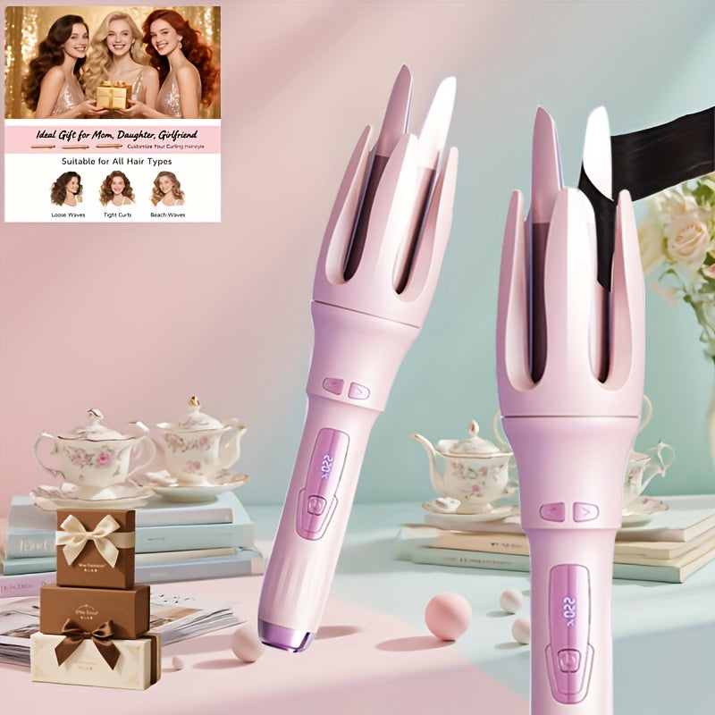 Automatic Rotating Curling Iron 4 Temperature Settings Negative Ion Ceramic Barrel Anti-Tangle Auto Shut-Off Dual Voltage 110-240V Fast Heat 30s Beginner-Friendly Gift for Women