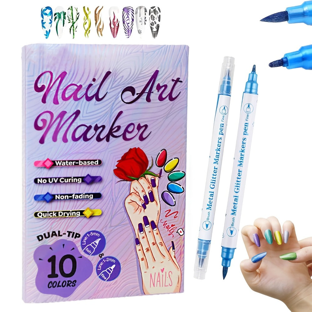 10 Colors 3D Nail Art Pens DIY Set, Double Ended Metallic Nail Marker Pens Graffiti Dotting Drawing Painting Liner Pen, Quick-Drying Acrylic Paint Pen for Home Salon Quickly Dry Nail Art