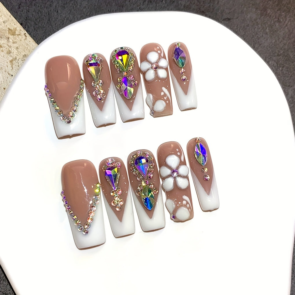 10pcs Luxury Press-On Nails Set, 1.18inch Square French Tip with AB Rhinestones And Handcrafted Floral Design, Glossy End, Nude And White, Perfect for Weddings, Parties, Valentine'S Day, Birthdays, Christmas Gifts