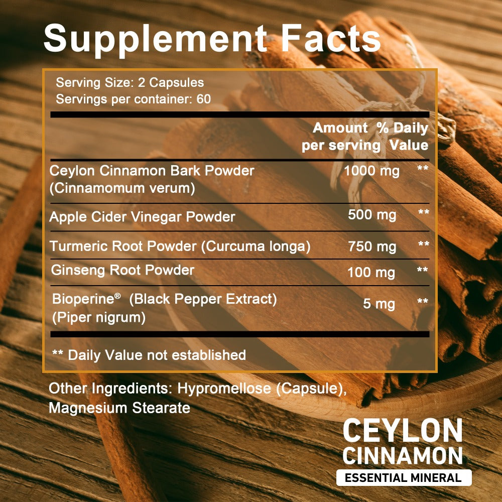 Ceylon Cinnamon - Apple Cider Vinegar, Turmeric, Bioperine, Ginseng Supplement, Supports Overall Health - 120pcs