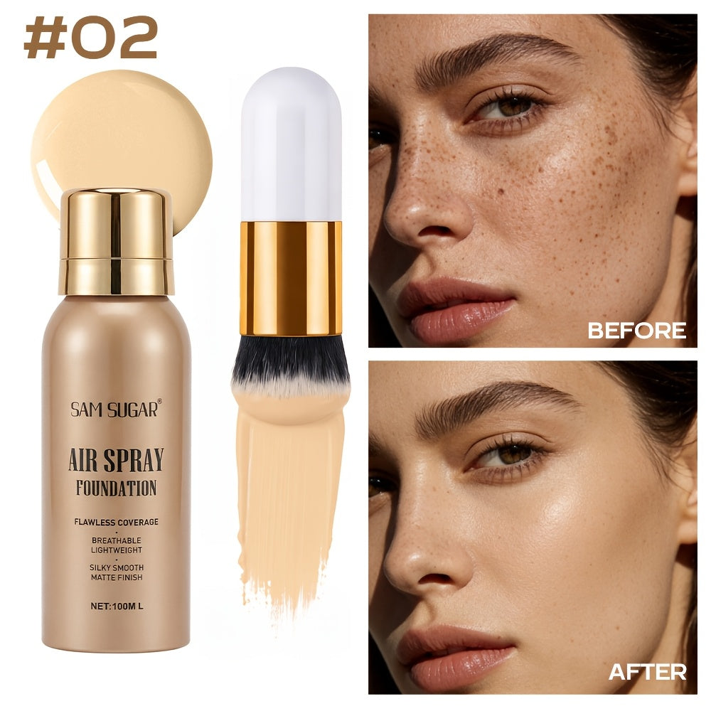 Long-Lasting And Water-Resistant Matte Foundation Spray Powder with Brush Set, Suitable for Makeup Enthusiasts. It Provides a Light Full-Face Coverage with a Natural End And Is Sweat-Proof