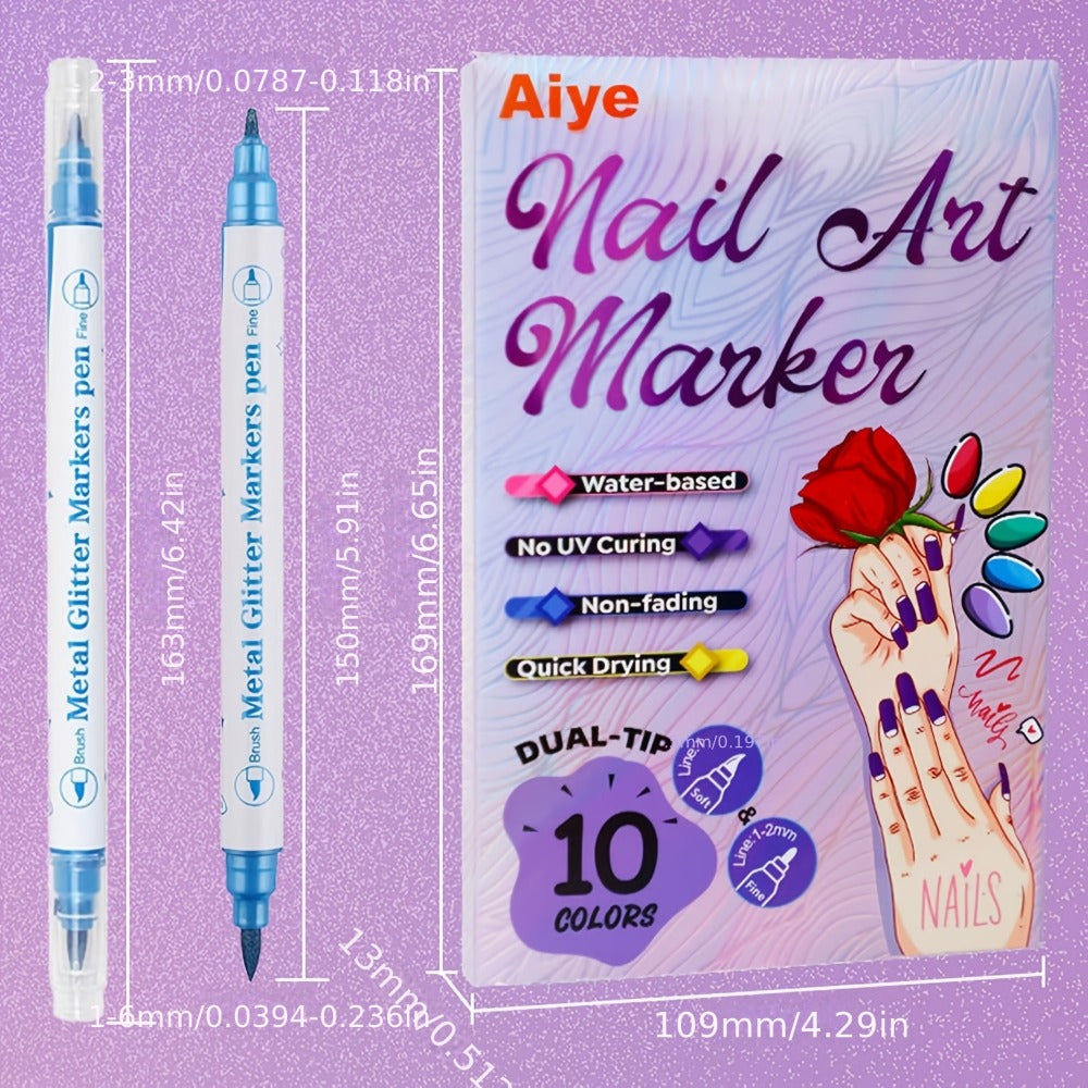 10 Colors 3D Nail Art Pens DIY Set, Double Ended Metallic Nail Marker Pens Graffiti Dotting Drawing Painting Liner Pen, Quick-Drying Acrylic Paint Pen for Home Salon Quickly Dry Nail Art