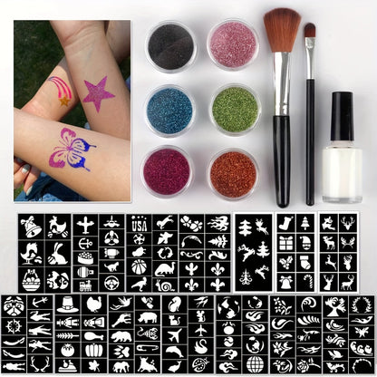 Glitter Tattoo Kit for Kids & Adults - 14 Stencil Sheets, 6 Metallic Colors, Body Glue & 2 Brushes - Temporary Body Art Set for Parties & Festivals