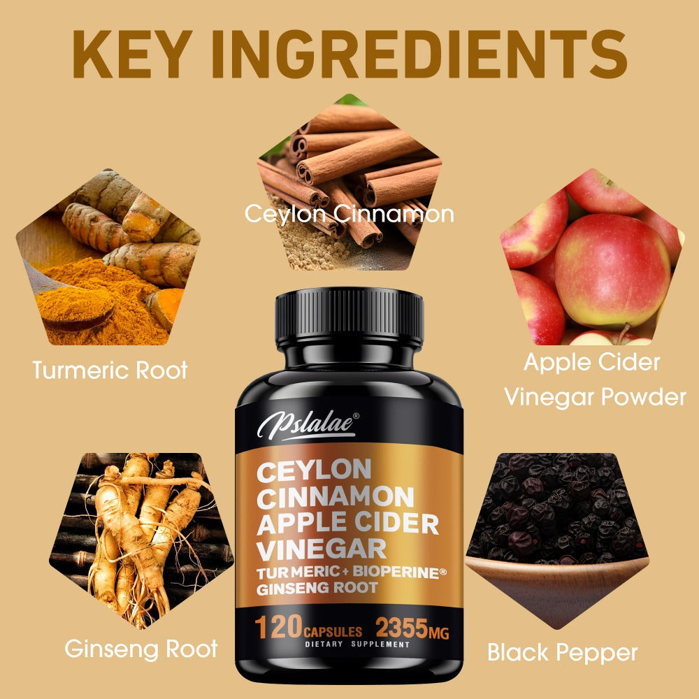 Ceylon Cinnamon - Apple Cider Vinegar, Turmeric, Bioperine, Ginseng Supplement, Supports Overall Health - 120pcs