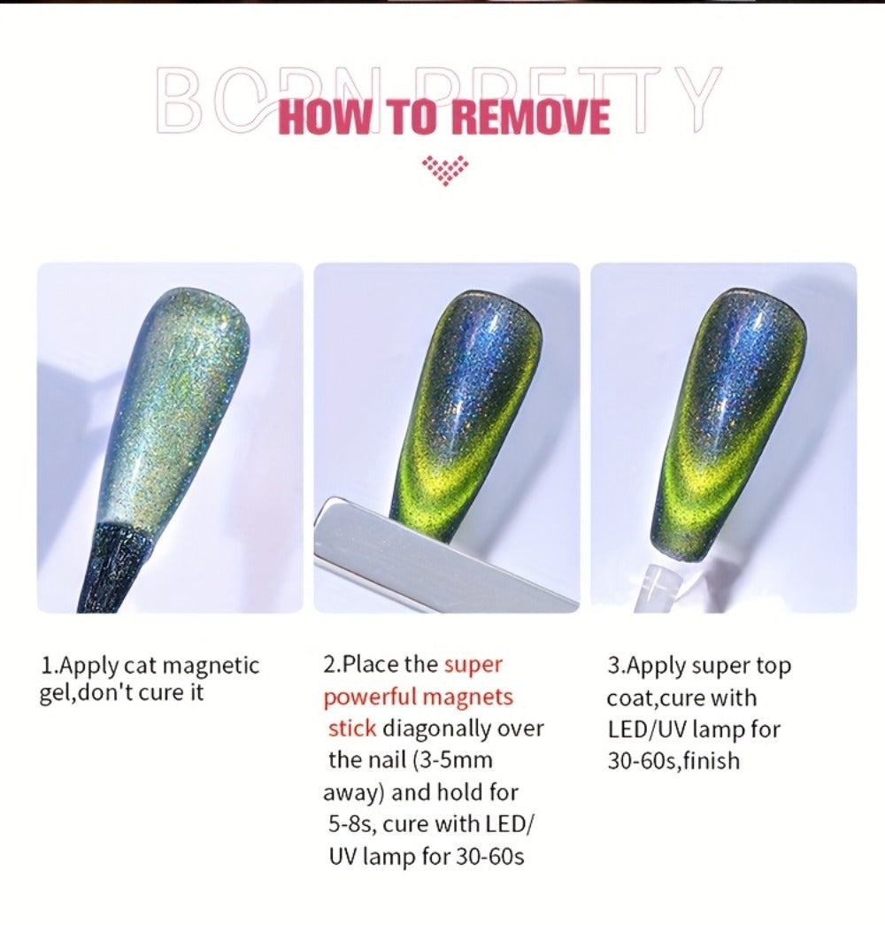 BORN PRETTY 0.34oz 6pcs Double Light Reflective Glass Cat Magnetic Gel Polish for Halloween Party Sparkling Rainbow Color Gel Soak Off