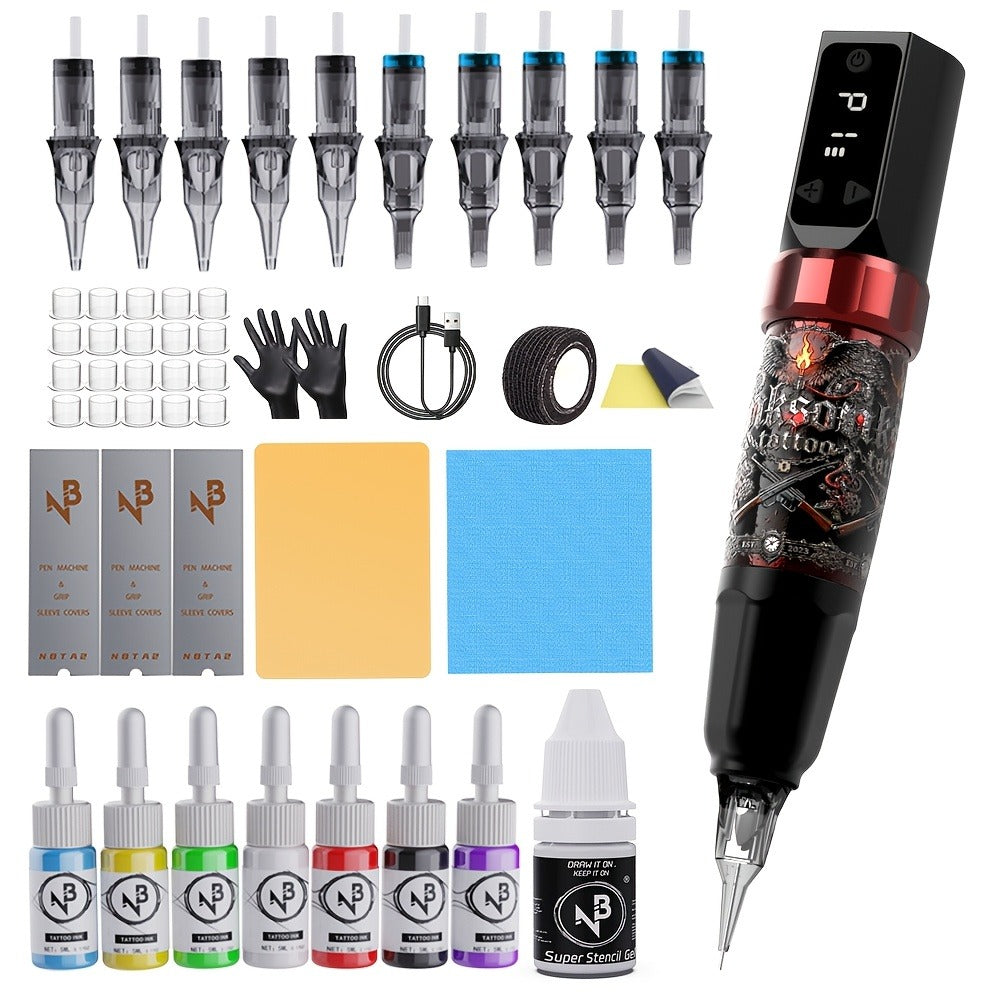 INKSOUL Wireless Tattoo Machine Kit, Includes A 1500mAh Power Supply, 10 Tattoo Needles, 7 Bottles Of Tattoo Ink, As Well As Mixing Cups, Transfer Paper, And Other Tattoo Supplies. A Tattoo Kit Suitable for Beginners And Tattoo Masters.