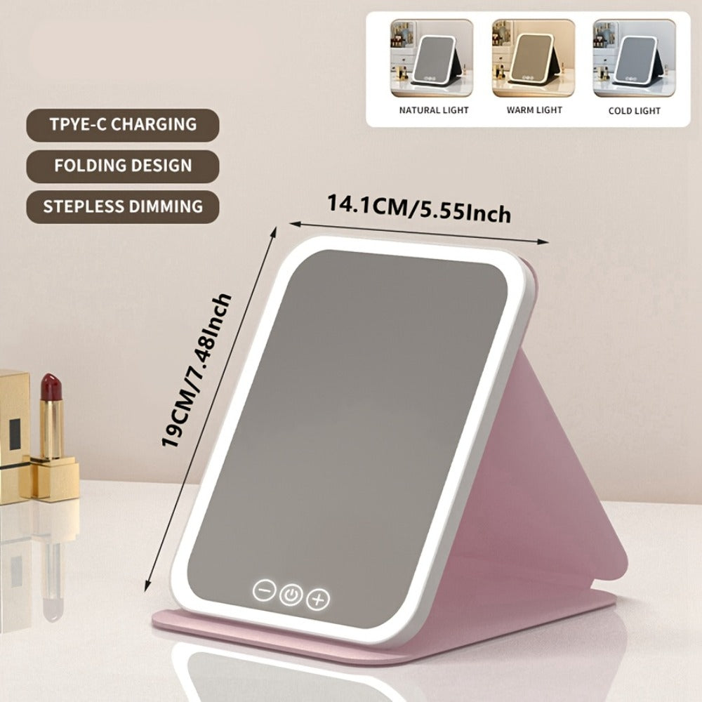 LED Makeup Mirror Folding with Touch Screen - USB Rechargeable Portable Vanity Mirror, Tri-Color Dimmable Lighting, Travel Desk Tabletop Use, Square or Round, Pink or White
