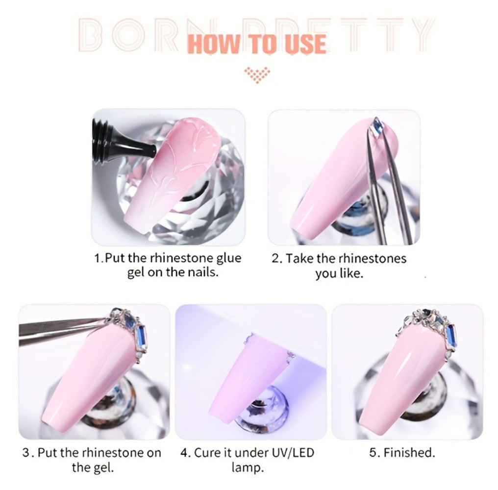 BORN PRETTY Nail Rhinestone Glue 1.01oz 2pcs Gel Nail Glue for Nail Charm 3D Nails Bling Gel for Decoration Nails Gems Nail Supplies