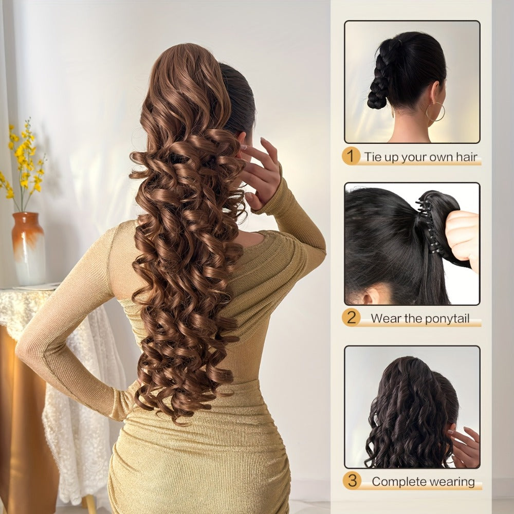 Ponytail Extension Curly 28 Inch Long — Heat Resistant Synthetic Clip In Wrap Around Hairpiece, Voluminous Bouncy Curls for Women Everyday Wear Parties Festivals