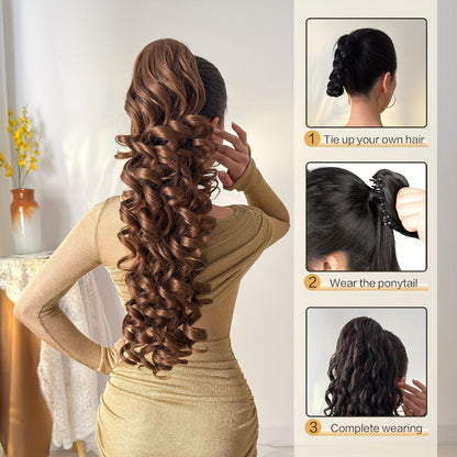 Ponytail Extension Curly 28 Inch Long — Heat Resistant Synthetic Clip In Wrap Around Hairpiece, Voluminous Bouncy Curls for Women Everyday Wear Parties Festivals