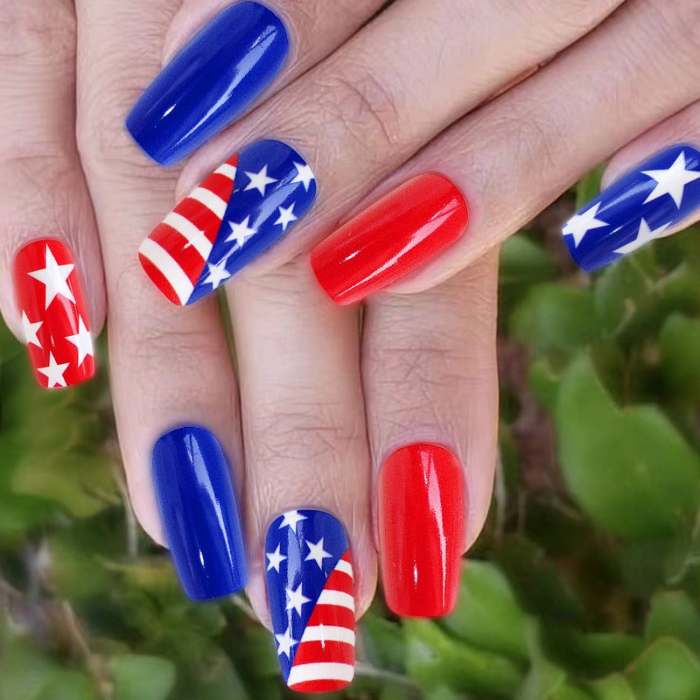 216pcs 4th of July Press On Nails - Red White Blue Stars Stripes Medium Coffin Acrylic Fake Nails, Full Cover Glossy Finish for Women, Patriotic Manicure Nail Art (9pcs), Festive Nail Designs, Festive Patterns, Striking Design Variety