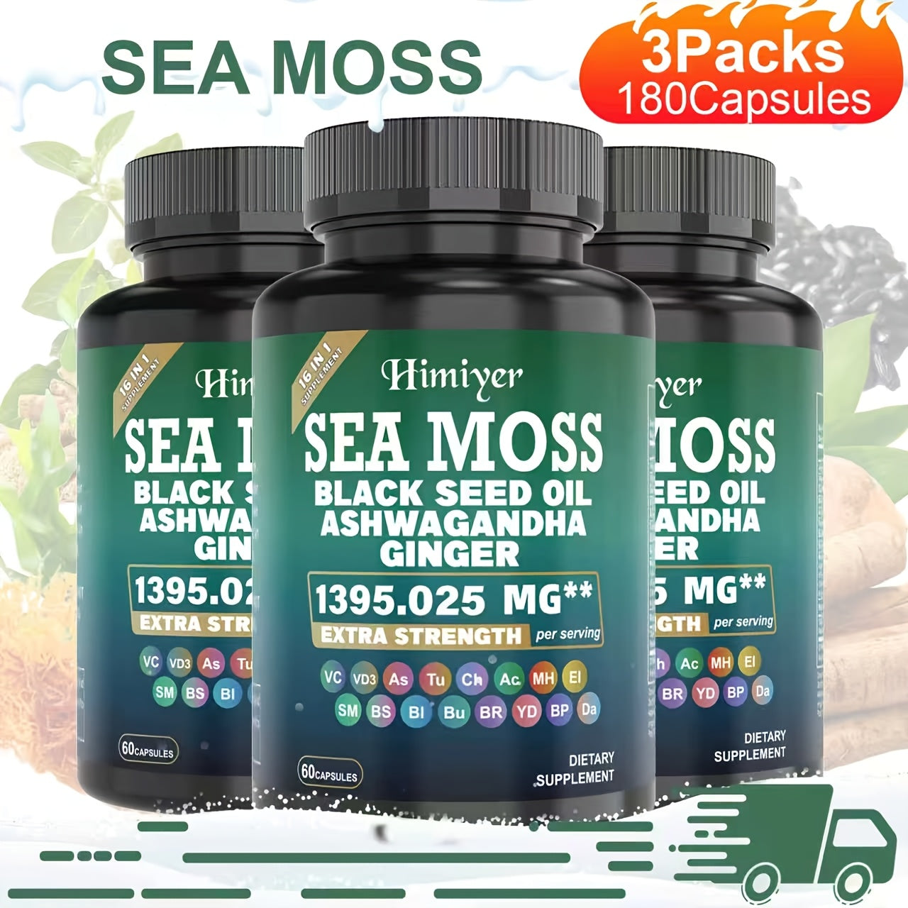 Sea Moss & Ashwagandha 16-in-1 Capsules — with Black Seed Oil, Turmeric & Cinnamon | Boosts Energy, Immunity & Athletic Performance | Antioxidant Support | 3-Pack
