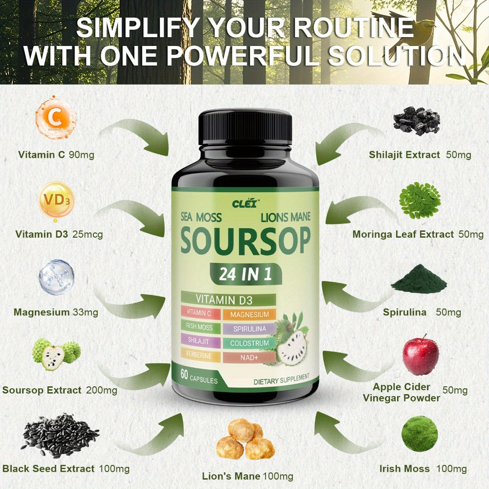 Soursop Graviola Capsules - Laboratory-tested Advanced Ingredient Blend - 24IN1 = Digestion, GUT Health, Provides Antioxidant Benefits for Man and Woman. - 60 CAPSULES
