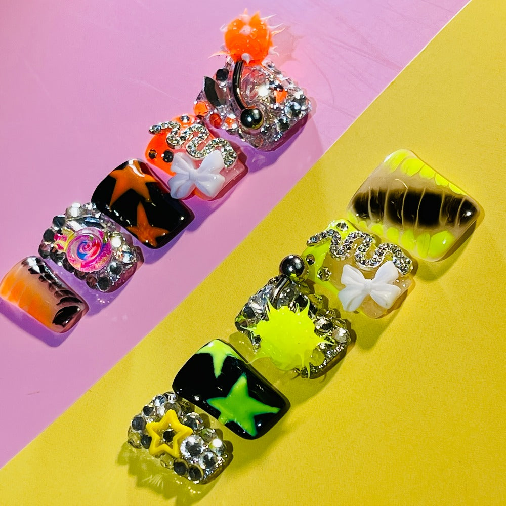 Y2K Piercing Charm Press on Nails Handmade Duck Nail with Nightmare Eye And Barbell 3D Nail Charms, Rhinestone Nails For, Trendy Party Nail Art