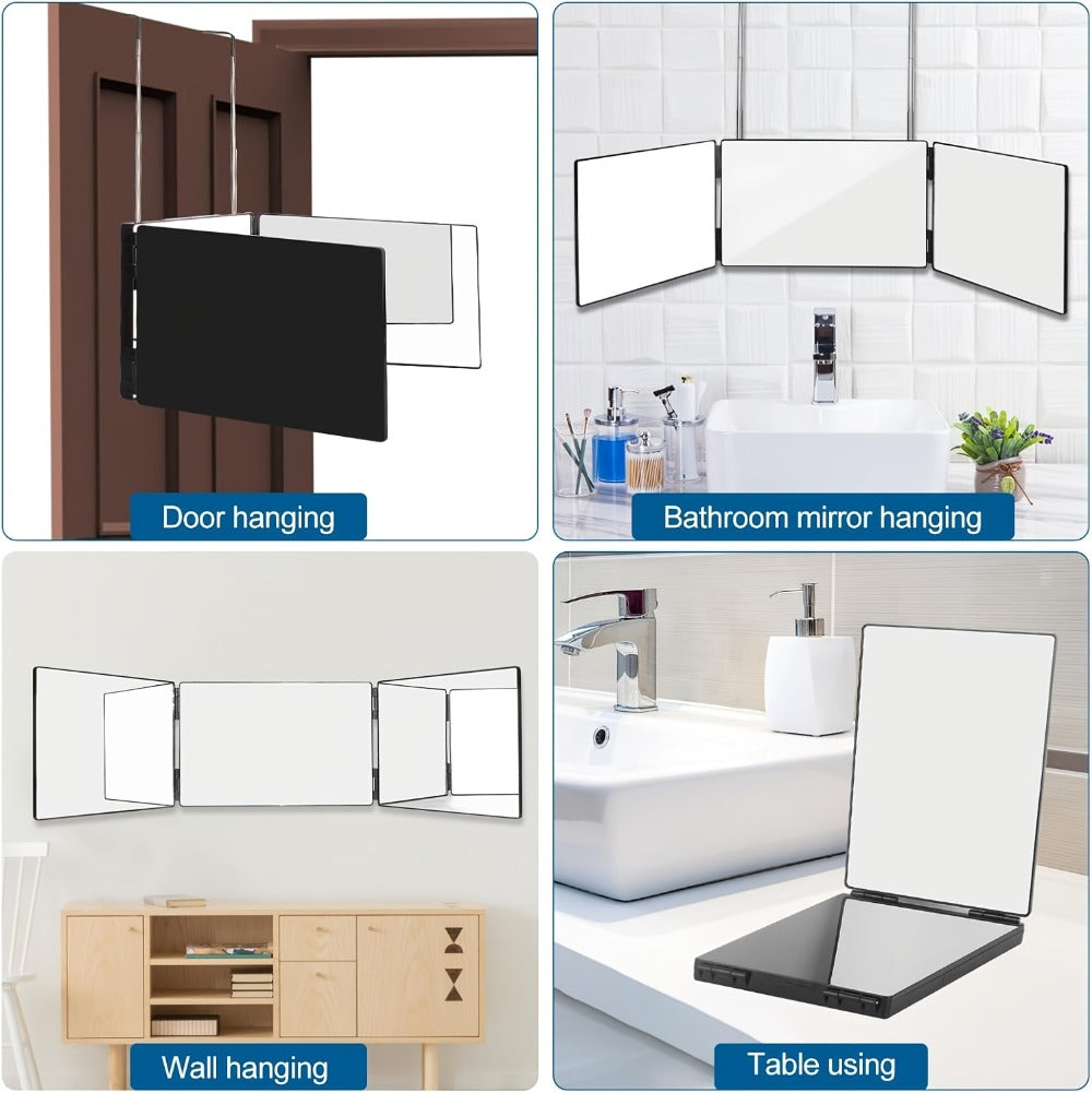 BANBERS Folding Three-Sided Mirror, Three-Way Mirror for Haircutting, with Height-Adjustable Telescopic Hook, Two Fixing Nails, 360° Viewing Angle, Clear Anti-Fog HD Glass. The Three-Way Mirror Can Be Used for Shaving, Makeup, Hairstyling, and Hair