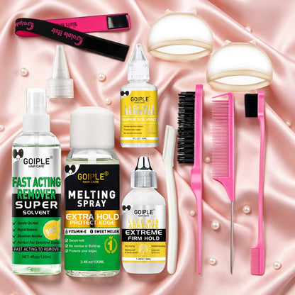 Wig Installation Kit Lace Glue Melting Spray - Complete Wig Styling Set with Edge Brush Wig Cap Hair Comb Resistance Band Glue Remover 9pc or 14pc