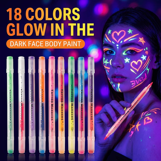 18-Color Face And Body Painting Pens And Reusable Stencil Set - Washable Doodle Makeup Pens, Erasable Glow Pens, This Neon Face Painting Pen for Parties, Commercial Events, Magic Shows, And Special Performances, Glow-In-The-Dark Body Painting
