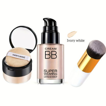 BB Cream Foundation & Luxury Setting Powder Set — Waterproof Matte Oil Control with Brush & Powder Puff, Long-Lasting Smooth Formula, 3 Shades