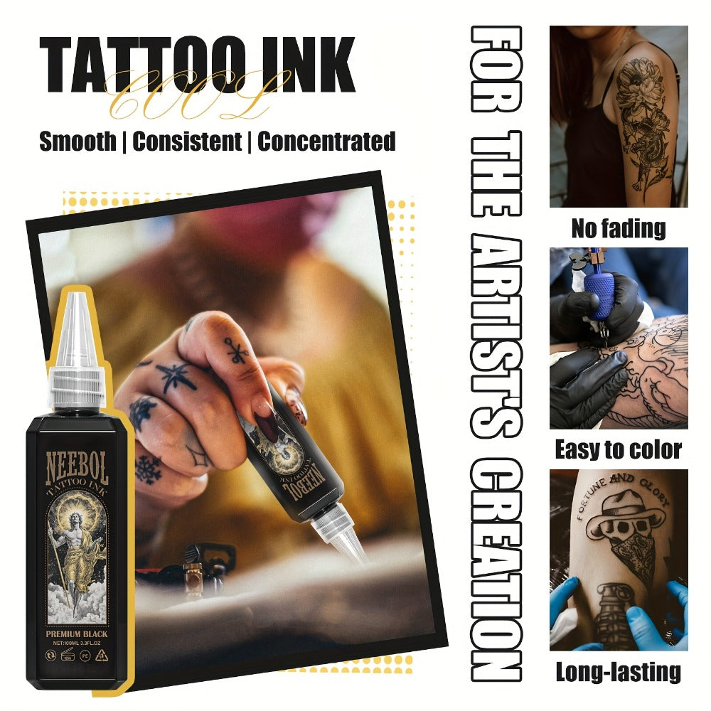 Black Tattoo Ink 3.38oz - Neebol Premium Super Dark Black Tattoo Ink for Outlining Shading & Blending Long Lasting Vibrant Body Art Ink for Tattoo Artists & Beginners