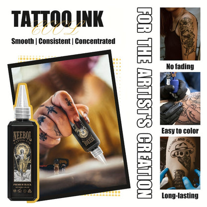 Black Tattoo Ink 3.38oz - Neebol Premium Super Dark Black Tattoo Ink for Outlining Shading & Blending Long Lasting Vibrant Body Art Ink for Tattoo Artists & Beginners