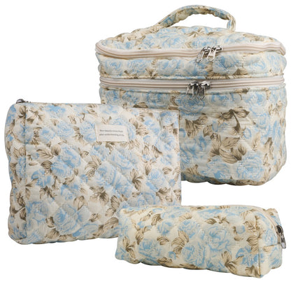 Quilted Floral Makeup Bag Set 3PCS Large Capacity Dual Layer Cotton Cosmetic Bag Coquette Aesthetic Travel Toiletry Bag for Women Girls Blue Rose Pink Floral