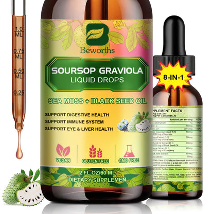 [8-IN-1 Soursop Drops] 1/3 Bottles 8-IN-1 Soursop Liquid Drops, Graviola Leaf & Fruit Complex Supplement With Sea Moss,Black Seed Oil,Elderberry,Burdock Root,Tumeric, Gluten-Free,Serene Herbs Soursop Bitters,Serene Soursop For Daily Health & Wellness