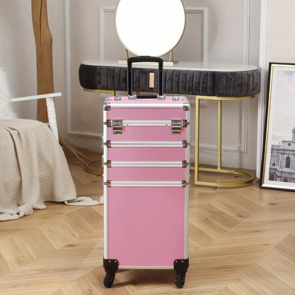 [With Wheels] 4in 1 Aluminum Cosmetic Professional Makeup Case Tattoo Box, Extra Large Cosmetic Case Rolling Makeup Case Trolley Makeup Travel Organizer with 360° Swivel Wheels Pink Black