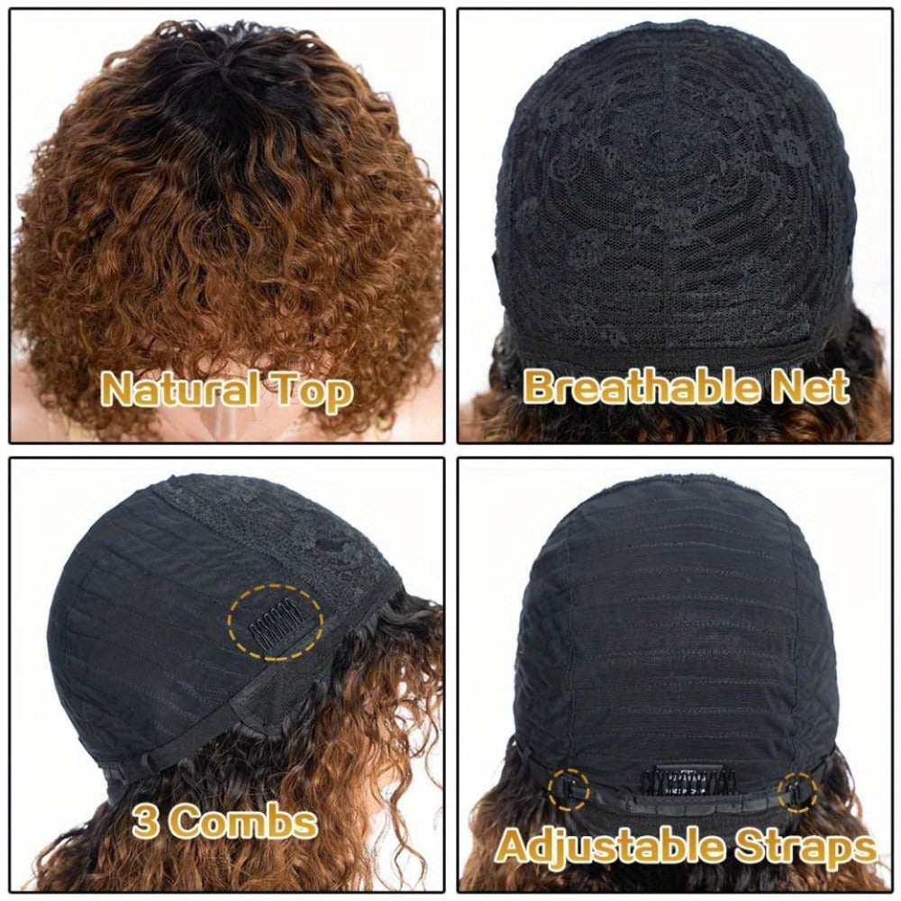 Human Hair Bob Wig Curly Water Wave Glueless Short Wig with Bangs 150% Density Ombre Brown Auburn 12 Inch Beginner Friendly Natural Hairline Daily Wear