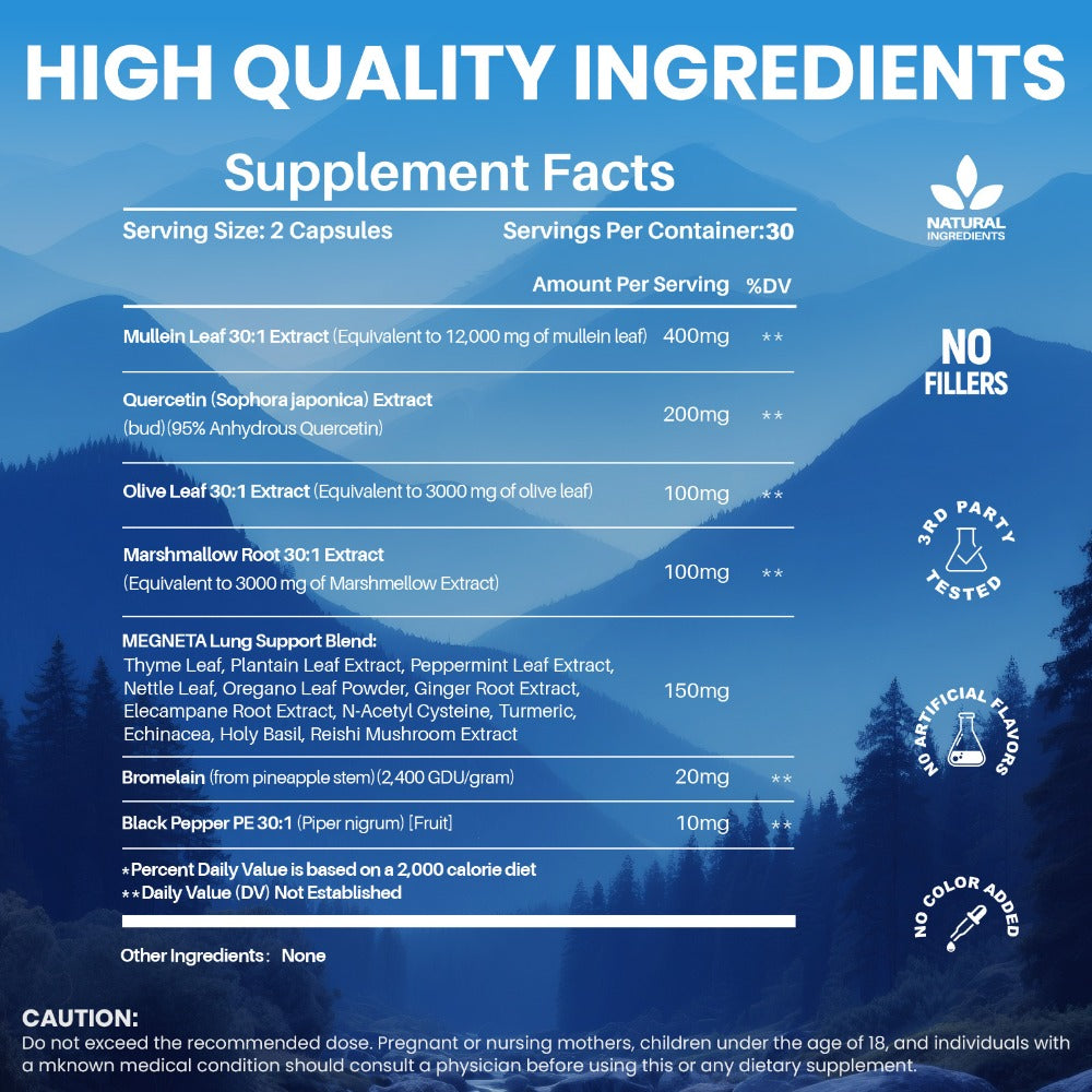 Lung Health And Respiratory Wellness, 12000Mg Mullein Leaf with Quercetin for Bronchial, Breath, Immune Health, Breathing Ease And Seasonal Comfort, 60 Capsules