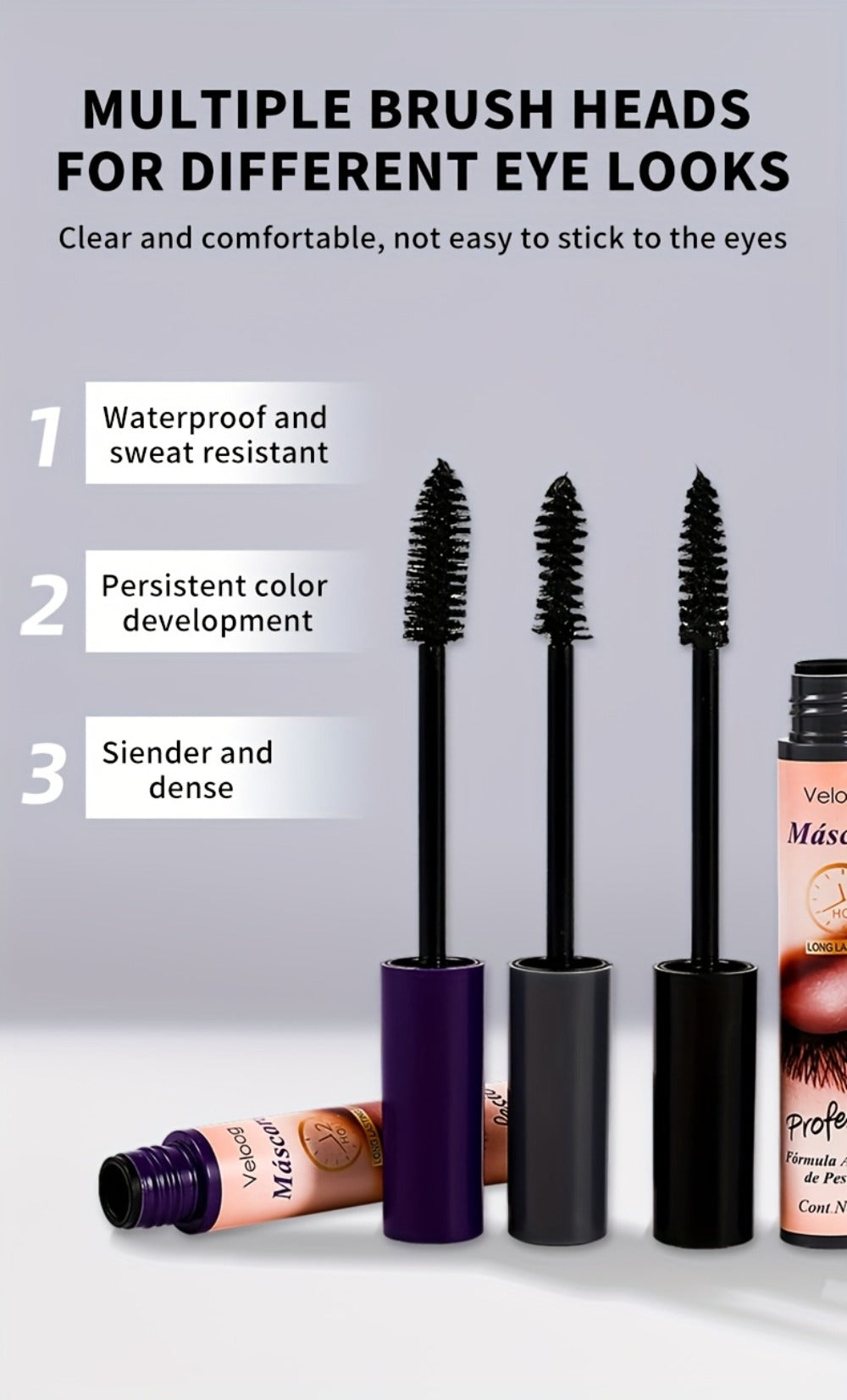 Waterproof Mascara Set 3pcs — Lengthening Volumizing Curling Mascara with 3 Brush Heads (Sea Urchin, Spiral, Conical), Long-Lasting Sweatproof Humidity-Resistant Eye Makeup