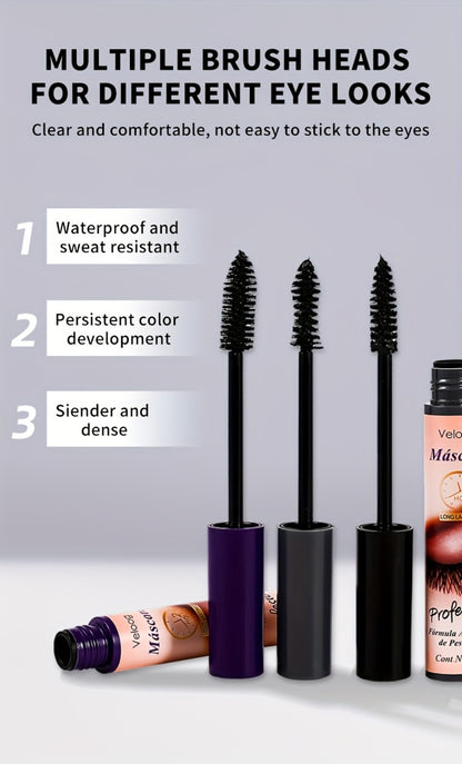 Waterproof Mascara Set 3pcs — Lengthening Volumizing Curling Mascara with 3 Brush Heads (Sea Urchin, Spiral, Conical), Long-Lasting Sweatproof Humidity-Resistant Eye Makeup