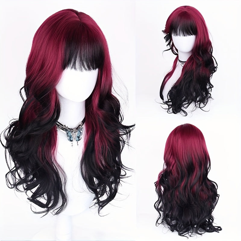 28" Wavy Curly Long Hair Wigs for Women with Glamorous Black And Red Highlights, Perfect for Cosplay And Daily Party Wear
