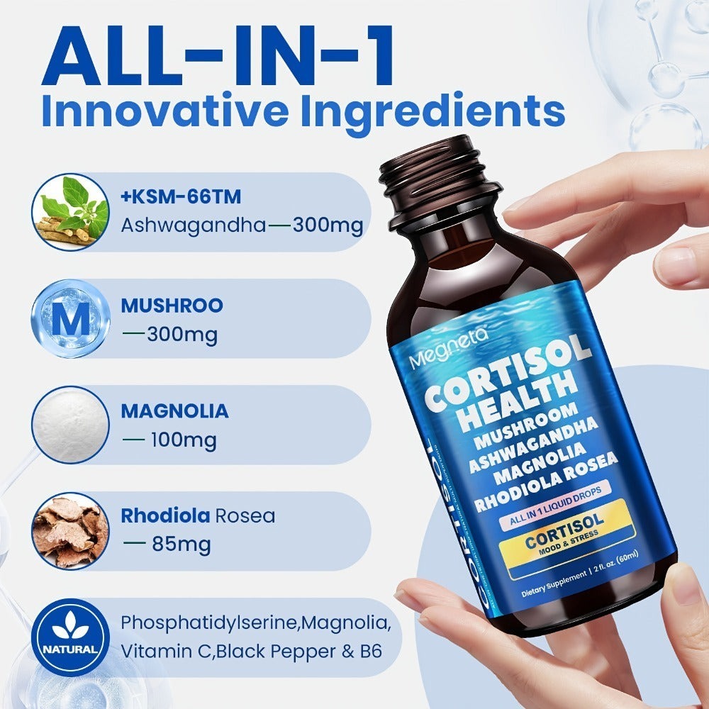 Cortisol Liquid Drops- Stress Eating/ Cortisol Belly/ Emotional Management-with Magnesium Glycinate & KSM-66 Ashwagandha & L-Theanine & Natural Herbal- Sublingual Drops-99% Absorption(2fl. Oz./ 2.03oz)